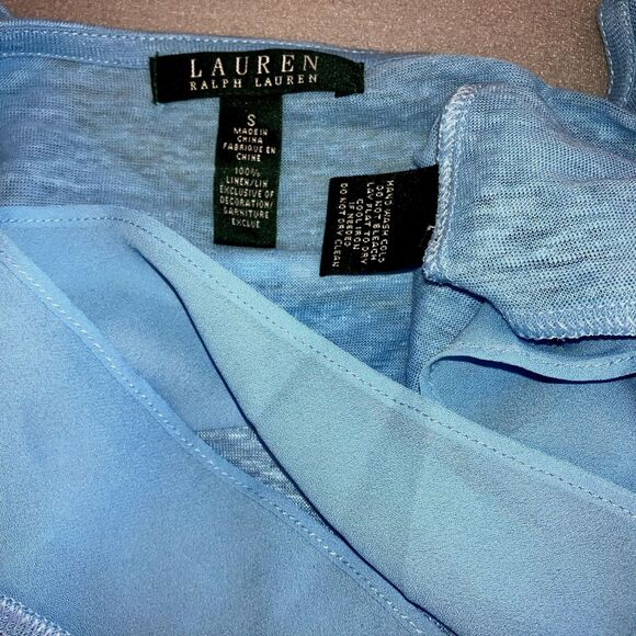 LAUREN RALPH LAUREN size S 100% Linen Knit Blue Tunic Blouse Top Chiffon Trim - Picture 4 of 5